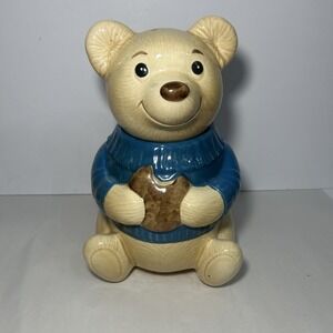 Vintage Metlox Teddy Bear Cookie Jar Blue Sweater Ceramic Vintage Calif USA